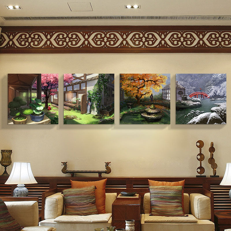 Brehn | Japanische Patio View Kunstdruck Leinwand Mehrteiliges Grünes Gemälde für Hausinterieur