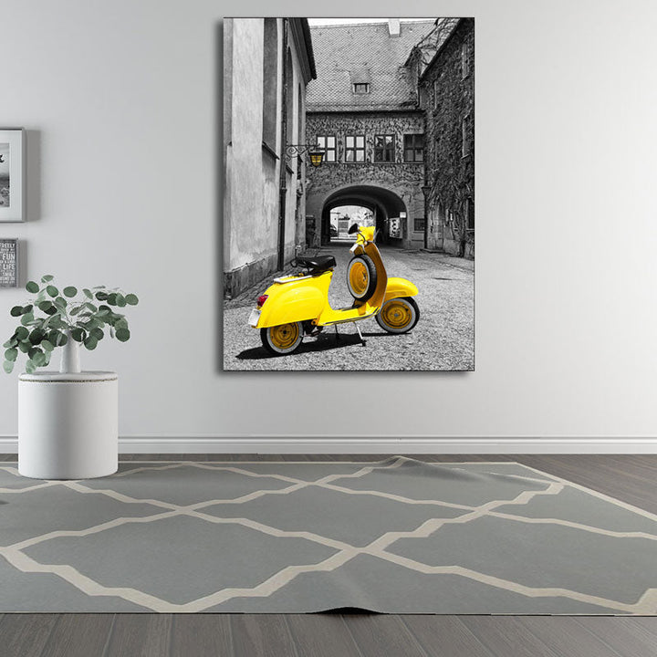 Brehn | Textured Gelbe Wanddekoration Modernismus Süßes Motorrad in älteren Häusern Leinwand Wandkunst