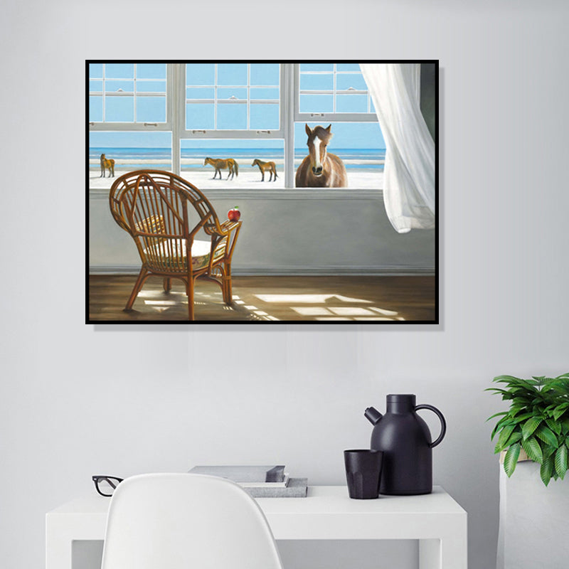Brehn | Traditionelle Leinwand Wandkunst in Weiß Strandblick vom Fenster Malerei für das Wohnzimmer