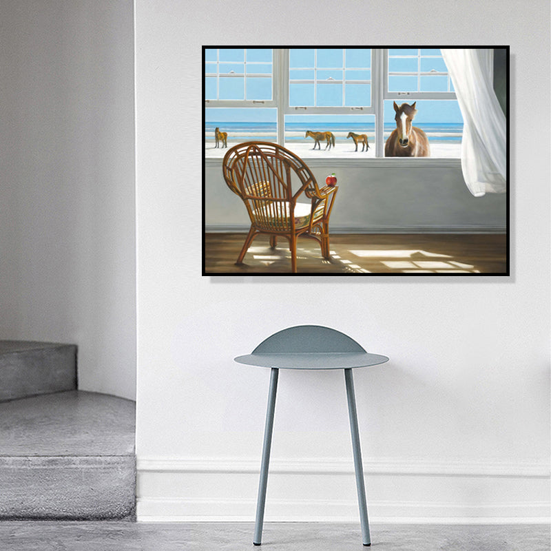 Brehn | Traditionelle Leinwand Wandkunst in Weiß Strandblick vom Fenster Malerei für das Wohnzimmer