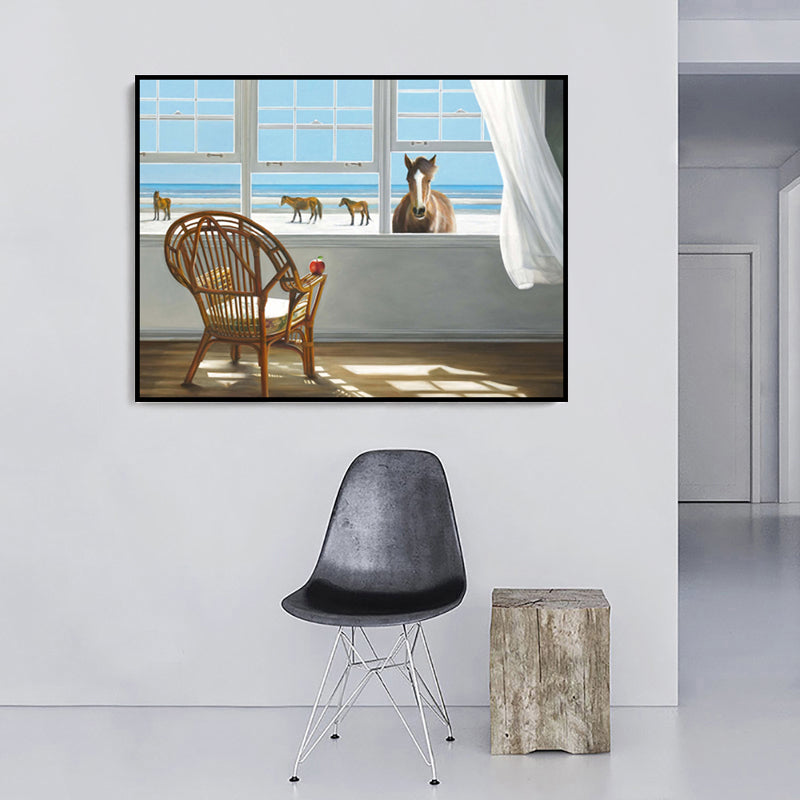 Brehn | Traditionelle Leinwand Wandkunst in Weiß Strandblick vom Fenster Malerei für das Wohnzimmer