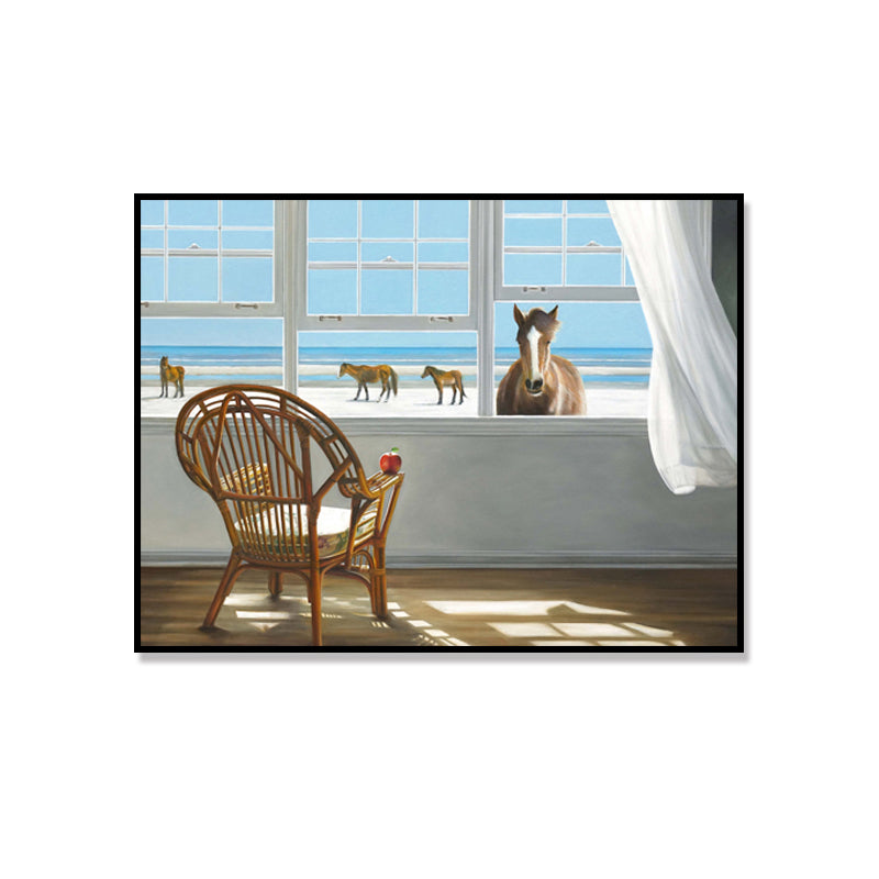 Brehn | Traditionelle Leinwand Wandkunst in Weiß Strandblick vom Fenster Malerei für das Wohnzimmer