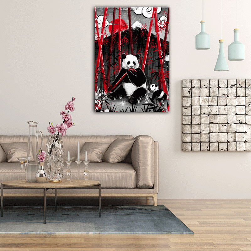 Brehn | Asiatischer Panda, der Bambus isst, Leinwand für Wandkunstdrucke im großen Raum in Schwarz, mehrere Größen