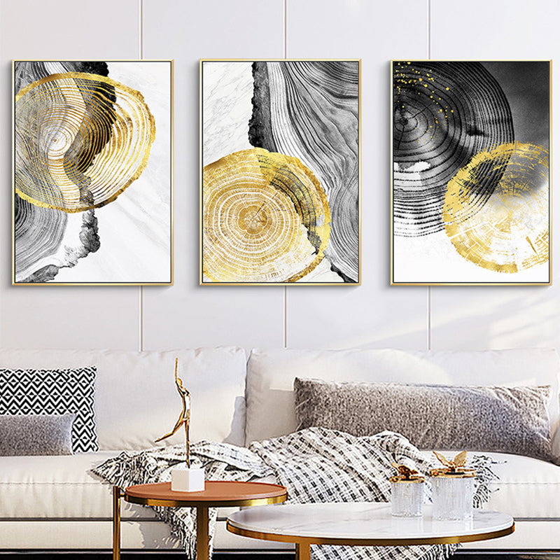 Brehn | Holz-Jahresringe Wandkunst in Schwarz und Gold Einfachheit Eingewickelte Leinwand für das Wohnzimmer