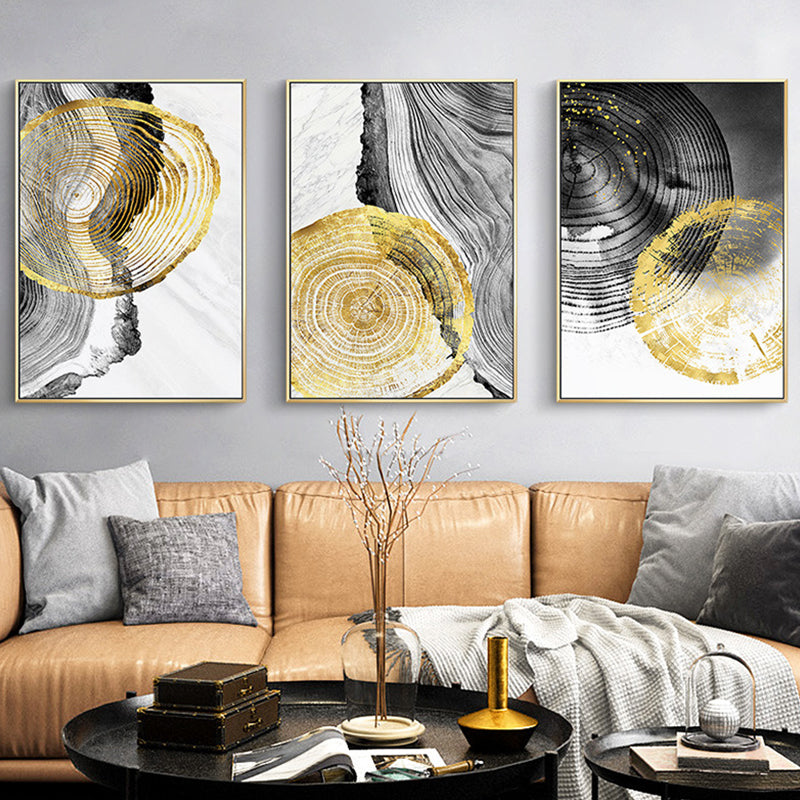 Brehn | Holz-Jahresringe Wandkunst in Schwarz und Gold Einfachheit Eingewickelte Leinwand für das Wohnzimmer