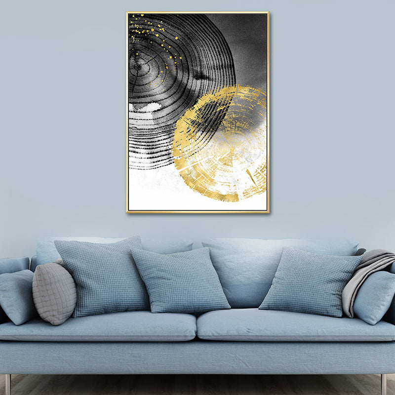 Brehn | Holz-Jahresringe Wandkunst in Schwarz und Gold Einfachheit Eingewickelte Leinwand für das Wohnzimmer