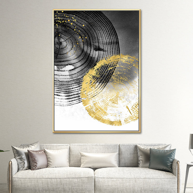 Brehn | Holz-Jahresringe Wandkunst in Schwarz und Gold Einfachheit Eingewickelte Leinwand für das Wohnzimmer