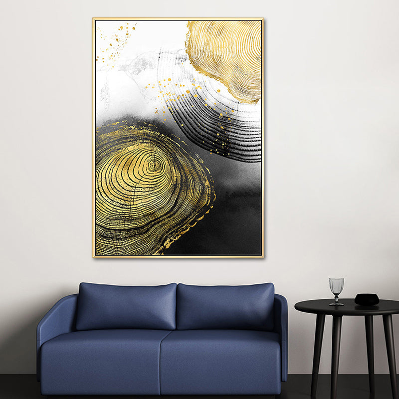 Brehn | Holz-Jahresringe Wandkunst in Schwarz und Gold Einfachheit Eingewickelte Leinwand für das Wohnzimmer