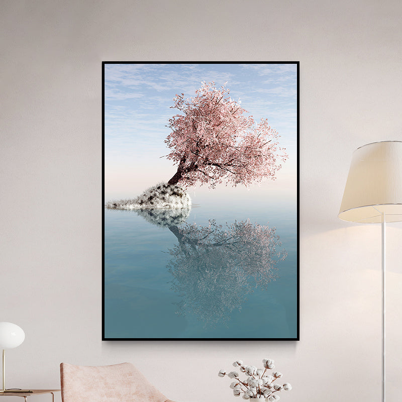 Brehn | Blossom Tree am See Kunstdruck Zeitgenössische Leinwand Wanddekoration in Pink für das Schlafzimmer