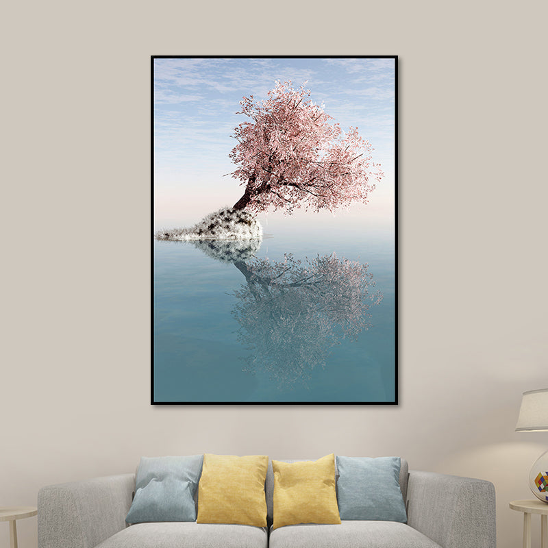Brehn | Blossom Tree am See Kunstdruck Zeitgenössische Leinwand Wanddekoration in Pink für das Schlafzimmer