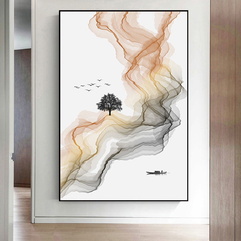 Brehn | Weißer asiatischer Stil Wandkunst Wasserfluss und Boot Landschaft Leinwanddruck für Wohnzimmer