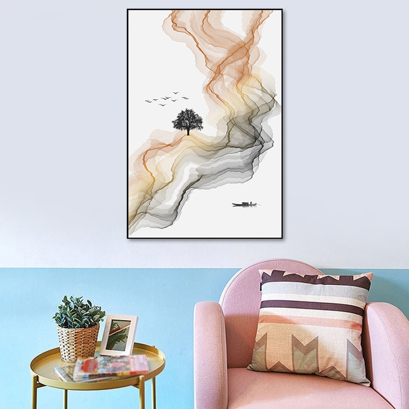 Brehn | Weißer asiatischer Stil Wandkunst Wasserfluss und Boot Landschaft Leinwanddruck für Wohnzimmer