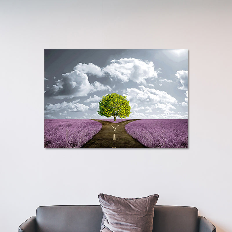 Brehn | Lila Landschaft Leinwand Geteilter Weg des Blumenfeldes Modernistische Texturierte Wandkunst
