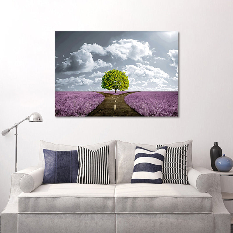 Brehn | Lila Landschaft Leinwand Geteilter Weg des Blumenfeldes Modernistische Texturierte Wandkunst