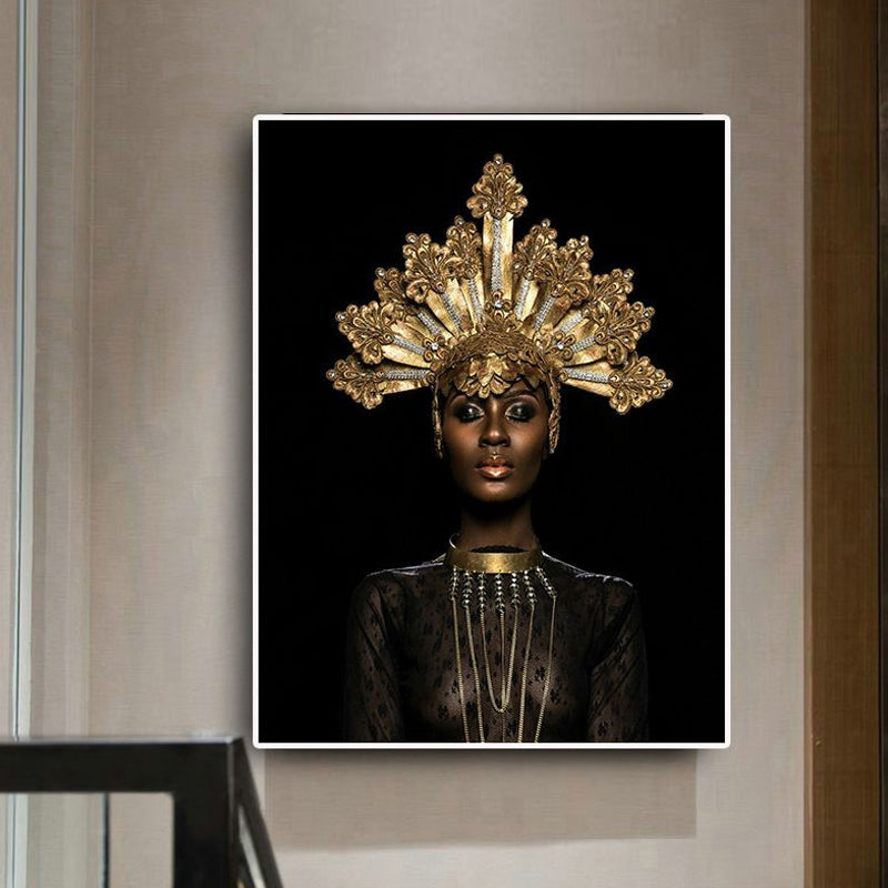 Brehn | Fashion Crowned African Woman Art Print Glam Canvas Wall Decoration in Gold and Black