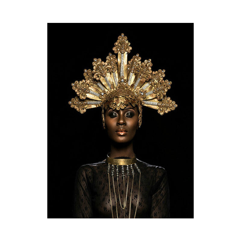 Brehn | Fashion Crowned African Woman Art Print Glam Canvas Wall Decoration in Gold and Black