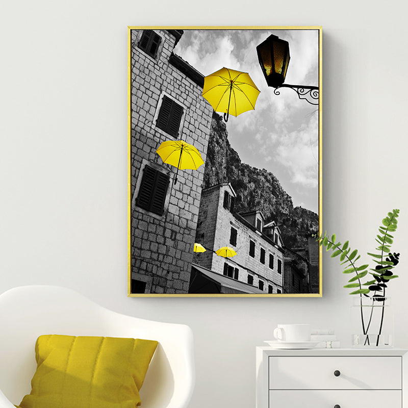 Brehn | Foto Architektur Wandkunst Vintage Texturierte Haus Innenraum Leinwanddruck in Gelb und Grau