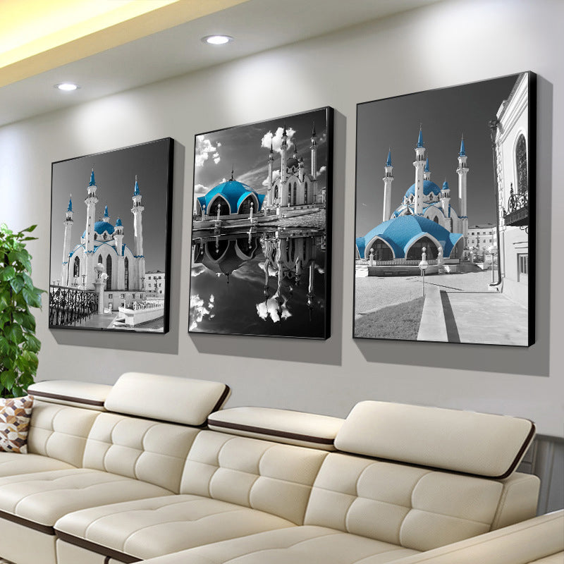 Brehn | Global Inspired Castle Wall Art Canvas Textured Blue Wall Decor for Sitting Room