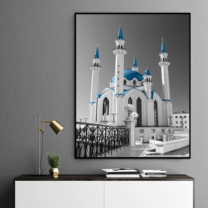 Brehn | Global Inspired Castle Wall Art Canvas Textured Blue Wall Decor for Sitting Room