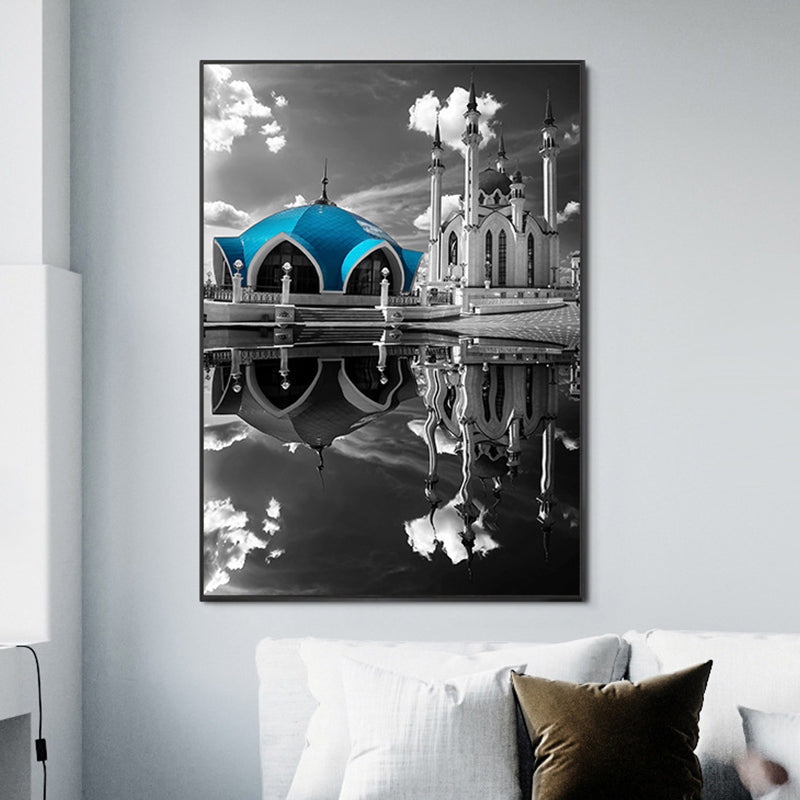 Brehn | Global Inspired Castle Wall Art Canvas Textured Blue Wall Decor for Sitting Room