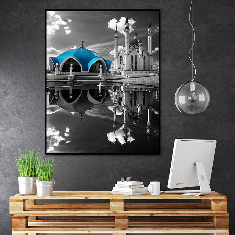 Brehn | Global Inspired Castle Wall Art Canvas Textured Blue Wall Decor for Sitting Room