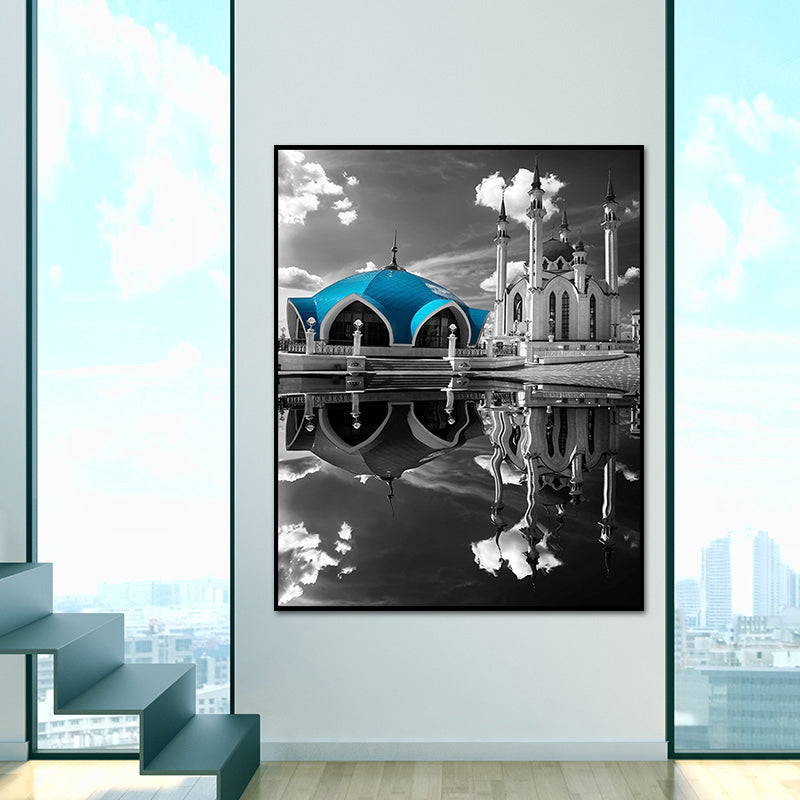 Brehn | Global Inspired Castle Wall Art Canvas Textured Blue Wall Decor for Sitting Room