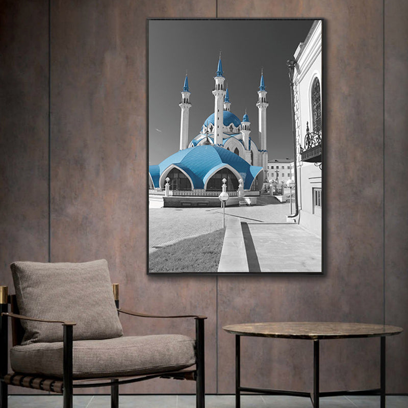 Brehn | Global Inspired Castle Wall Art Canvas Textured Blue Wall Decor for Sitting Room