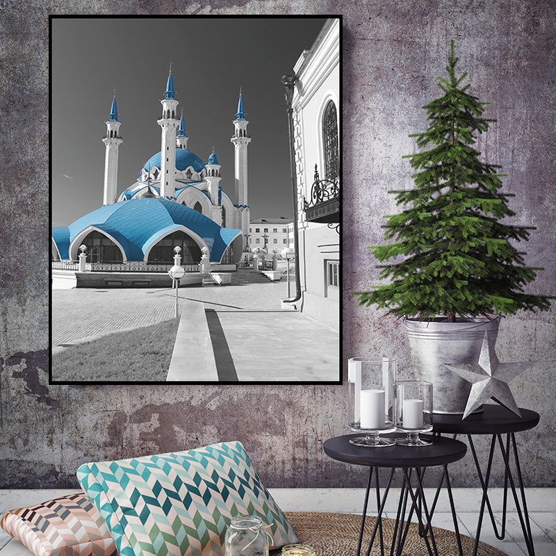 Brehn | Global Inspired Castle Wall Art Canvas Textured Blue Wall Decor for Sitting Room