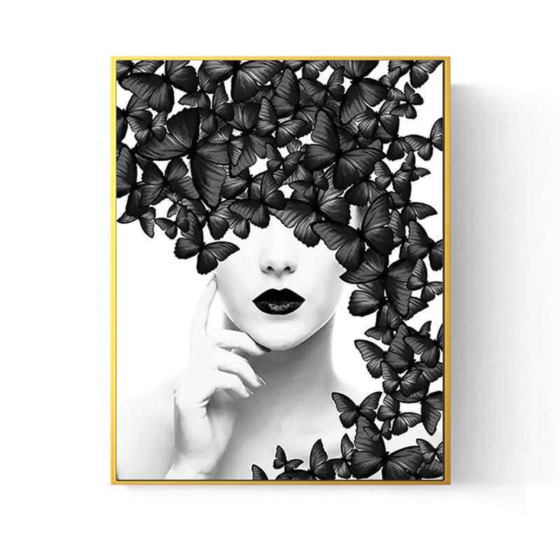 Brehn | Damen Gesicht und Schmetterlinge Leinwanddruck Glam Texturiertes Haus Innenraum Wandkunst Dekor