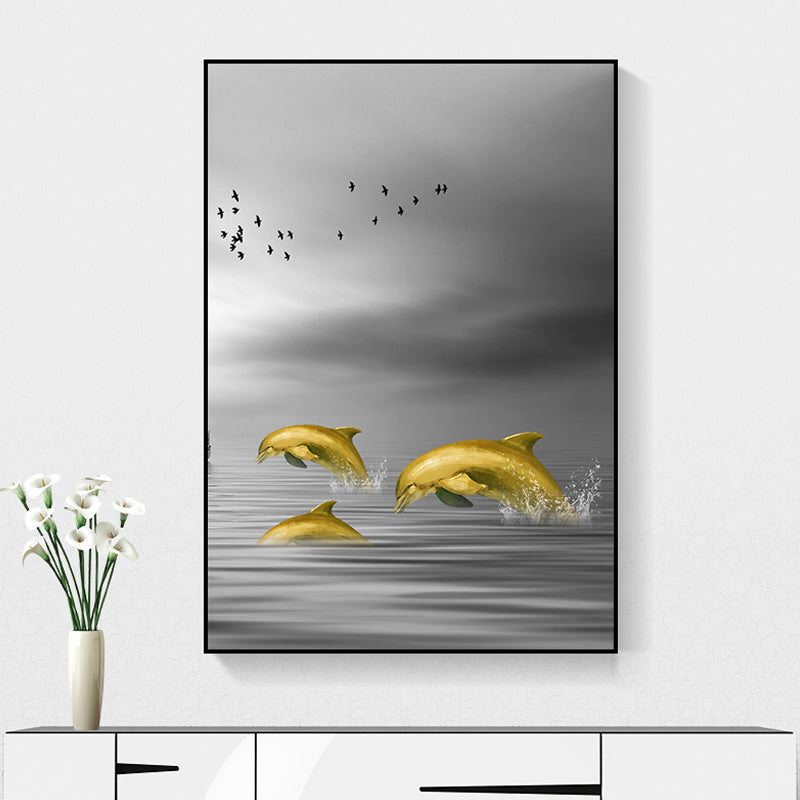 Brehn | Glam Wandkunst Gold Delfin springt aus dem Meer Wasser gewickelte Leinwand für Zuhause