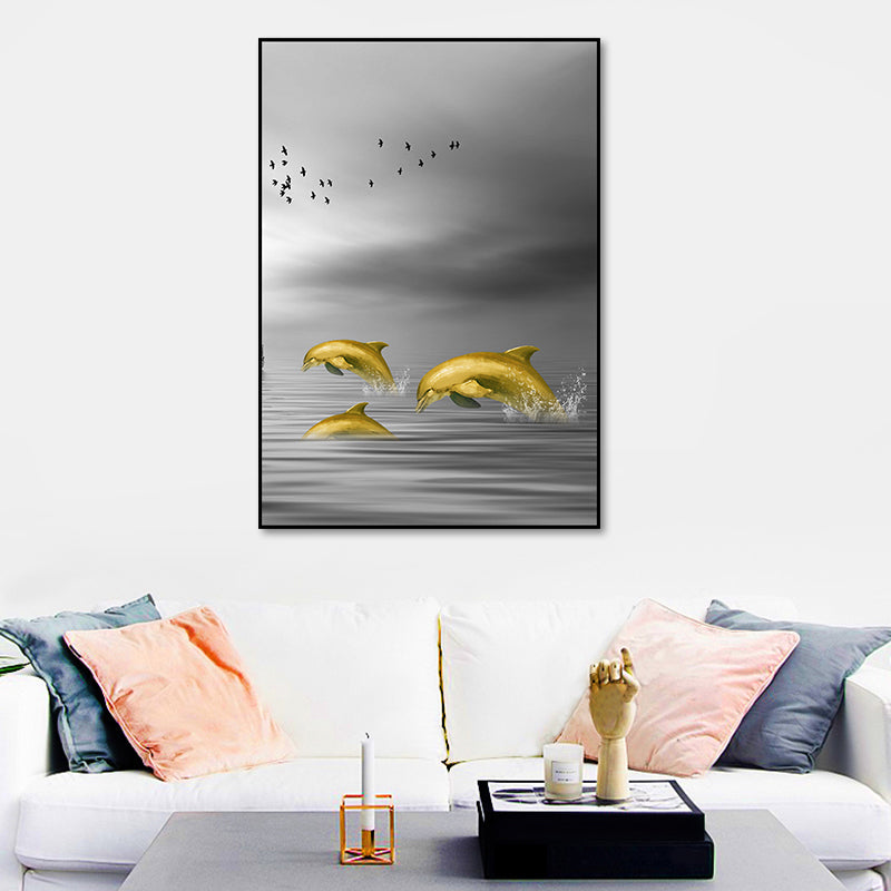 Brehn | Glam Wandkunst Gold Delfin springt aus dem Meer Wasser gewickelte Leinwand für Zuhause