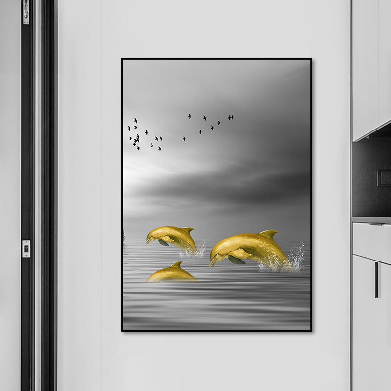 Brehn | Glam Wandkunst Gold Delfin springt aus dem Meer Wasser gewickelte Leinwand für Zuhause