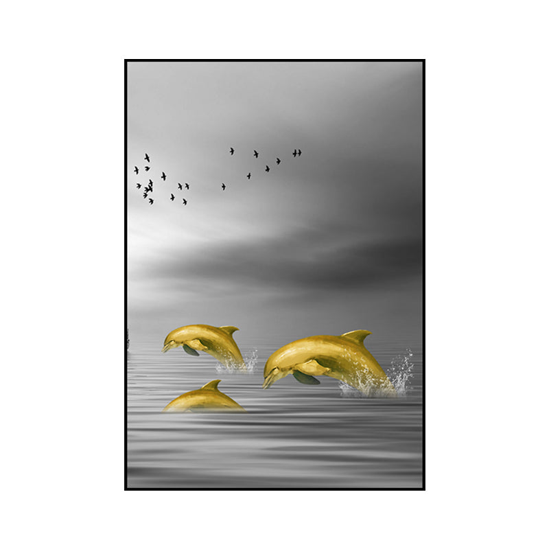 Brehn | Glam Wandkunst Gold Delfin springt aus dem Meer Wasser gewickelte Leinwand für Zuhause