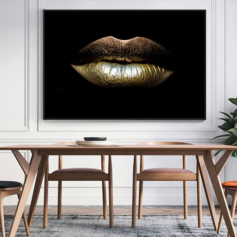 Brehn | Moderne vrouwen lip wandkunstprint goud-zwart textuur oppervlak canvas voor de eetkamer