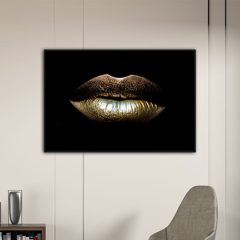 Brehn | Moderne vrouwen lip wandkunstprint goud-zwart textuur oppervlak canvas voor de eetkamer