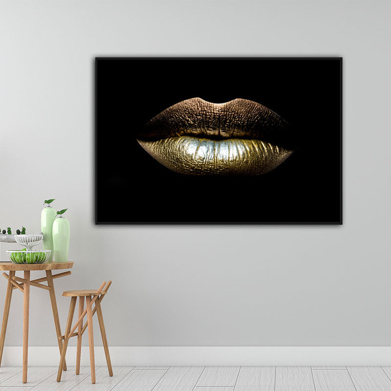Brehn | Moderne vrouwen lip wandkunstprint goud-zwart textuur oppervlak canvas voor de eetkamer