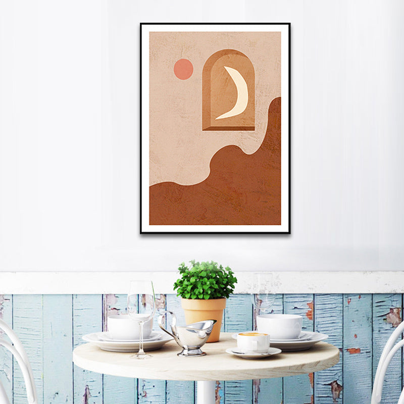 Brehn | Leinwandbraun Wandkunst-Druck Skandinavischer Mond auf dem Panel und Sonnenmalerei für die Wohnkultur