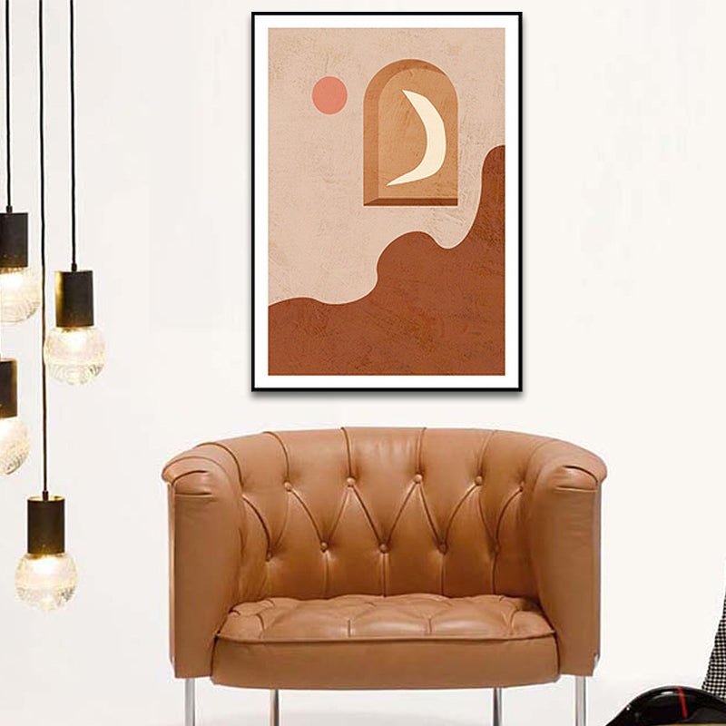 Brehn | Leinwandbraun Wandkunst-Druck Skandinavischer Mond auf dem Panel und Sonnenmalerei für die Wohnkultur