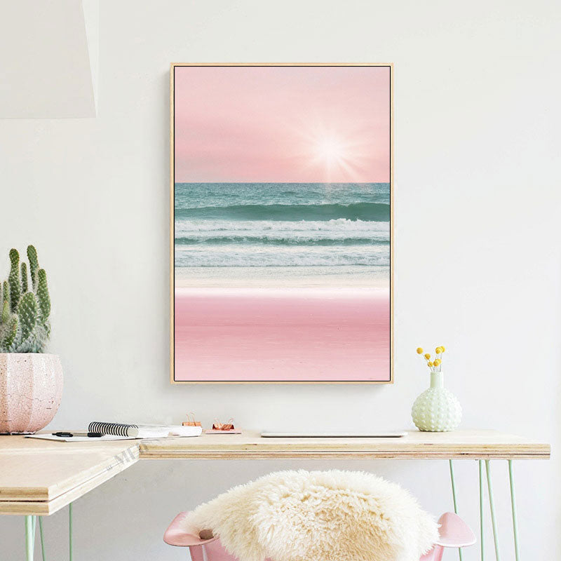 Brehn | Tropische Meereslandschaft Eingewickelte Leinwand in Pink-Blau Mädchen Schlafzimmer Wandkunst Druck, Strukturiert
