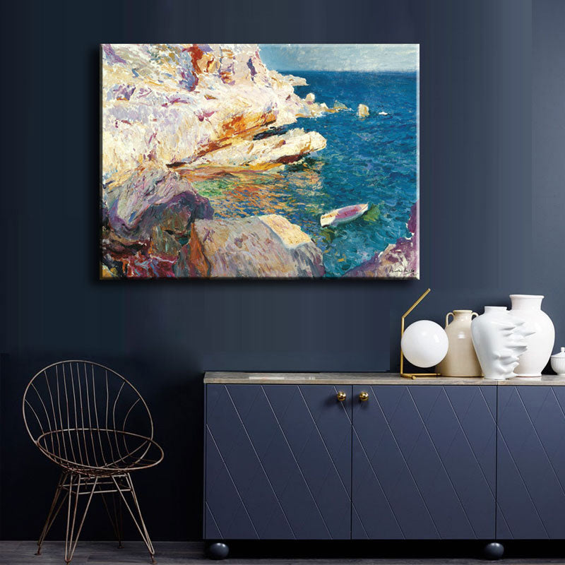 Brehn | Tropische Ozean Felsen Küste Leinwand Kunst Blau-Weiß Texturiertes Gemälde für das Wohnzimmer