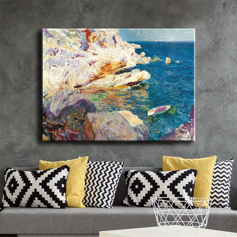 Brehn | Tropische Ozean Felsen Küste Leinwand Kunst Blau-Weiß Texturiertes Gemälde für das Wohnzimmer