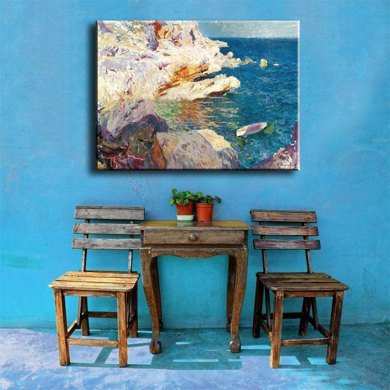 Brehn | Tropische Ozean Felsen Küste Leinwand Kunst Blau-Weiß Texturiertes Gemälde für das Wohnzimmer