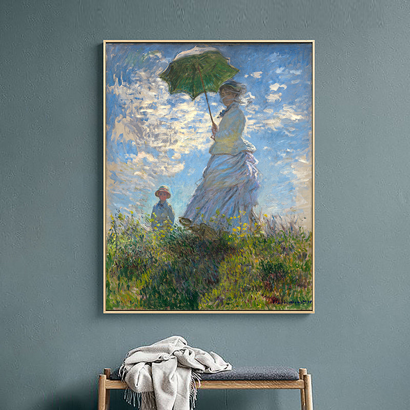 Brehn | Monet Gemälde Leinwanddruck für Zuhause Frau mit einem Sonnenschirm Wandkunst in Blau, Textur