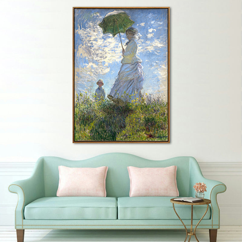 Brehn | Monet Gemälde Leinwanddruck für Zuhause Frau mit einem Sonnenschirm Wandkunst in Blau, Textur