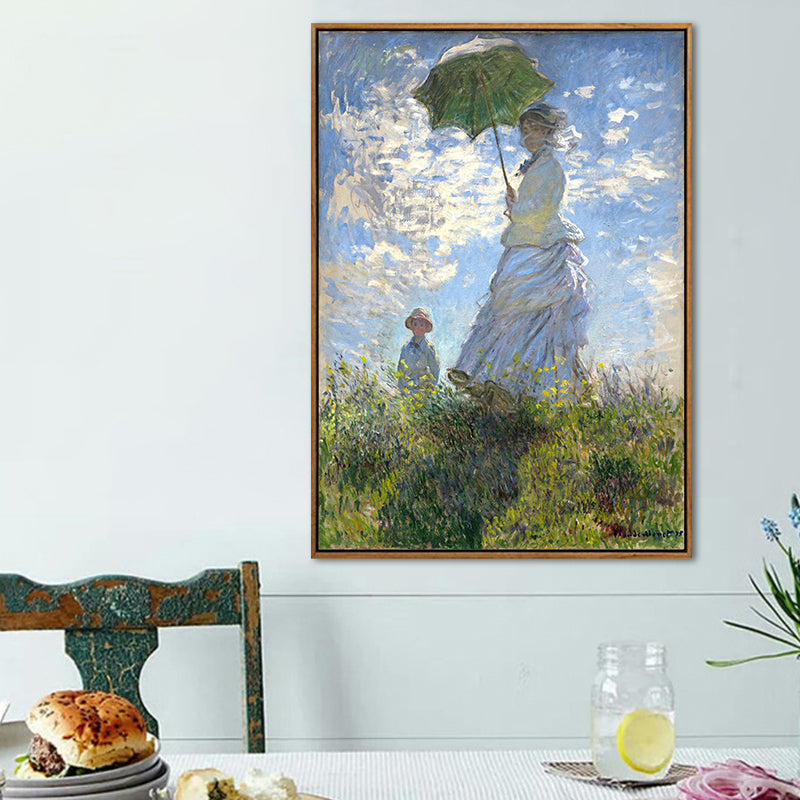 Brehn | Monet Gemälde Leinwanddruck für Zuhause Frau mit einem Sonnenschirm Wandkunst in Blau, Textur