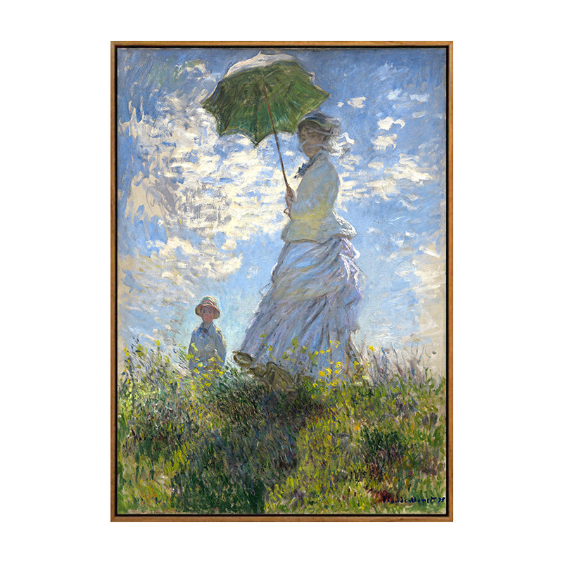 Brehn | Monet Gemälde Leinwanddruck für Zuhause Frau mit einem Sonnenschirm Wandkunst in Blau, Textur