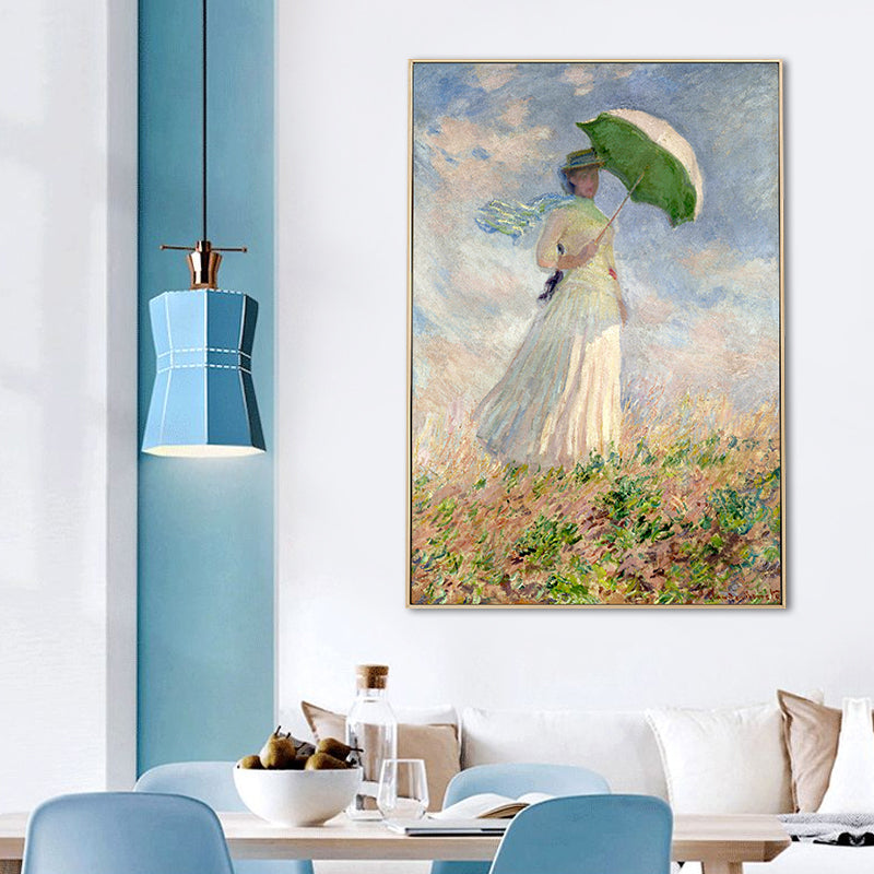 Brehn | Monet Gemälde Leinwanddruck für Zuhause Frau mit einem Sonnenschirm Wandkunst in Blau, Textur