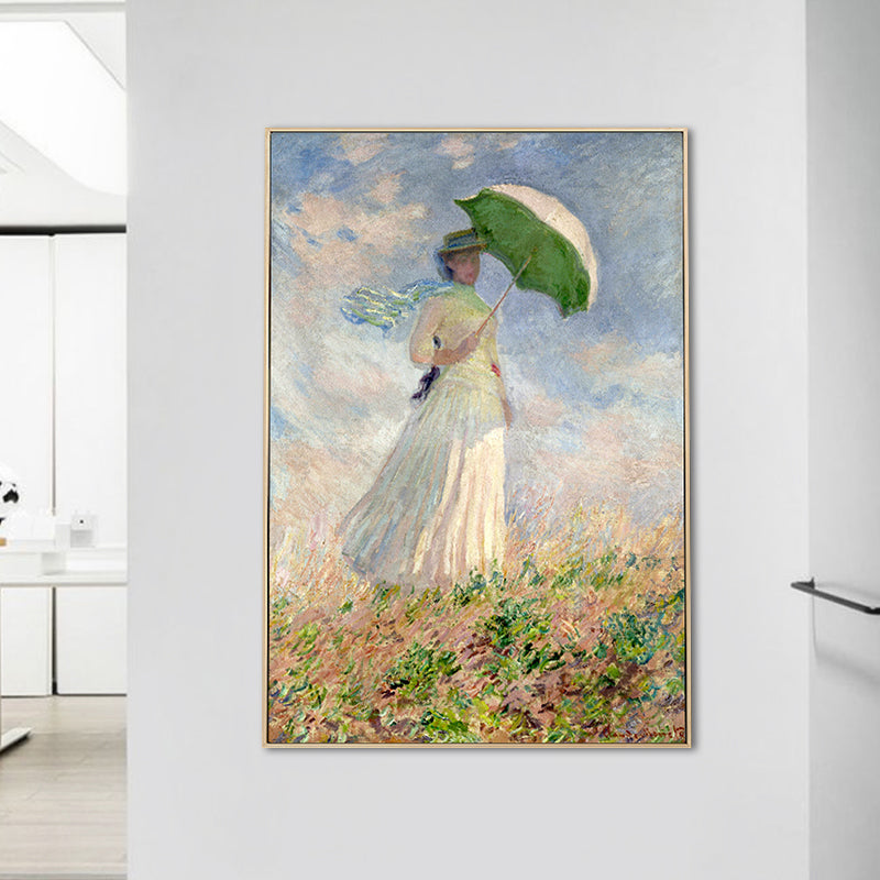 Brehn | Monet Gemälde Leinwanddruck für Zuhause Frau mit einem Sonnenschirm Wandkunst in Blau, Textur