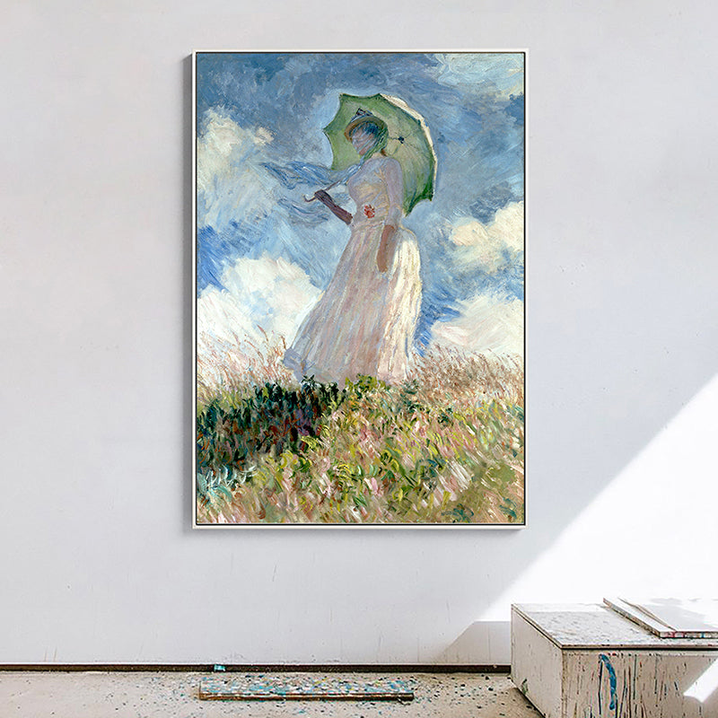 Brehn | Monet Gemälde Leinwanddruck für Zuhause Frau mit einem Sonnenschirm Wandkunst in Blau, Textur