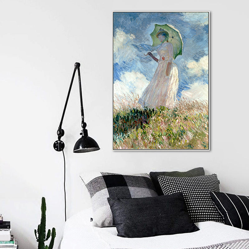 Brehn | Monet Gemälde Leinwanddruck für Zuhause Frau mit einem Sonnenschirm Wandkunst in Blau, Textur